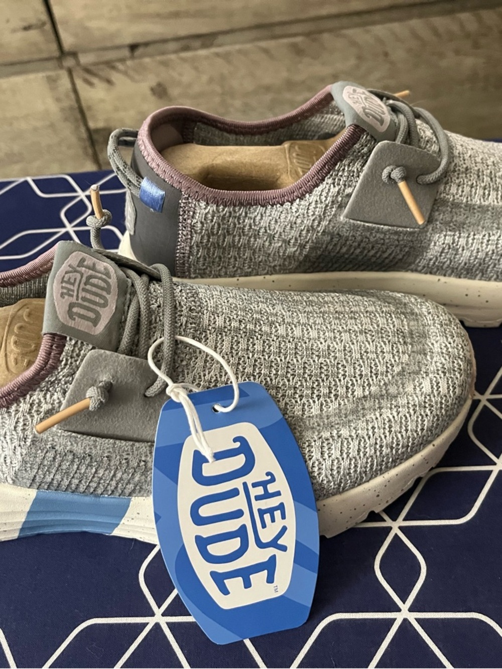Hey Dude Grey Knit Slip-Ons with Mauve Collar and Blue Tag